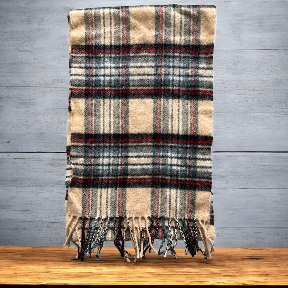 Johnstons of Elgin Lambswool Tartan Plaid Scarf Beige Red Black Fringe Scotland